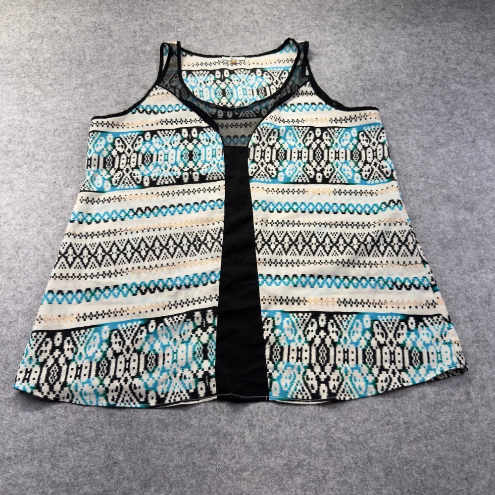Milano Tank Top Womens Medium Blue White‎ Excellent Geometric Tribal Mesh V-Neck